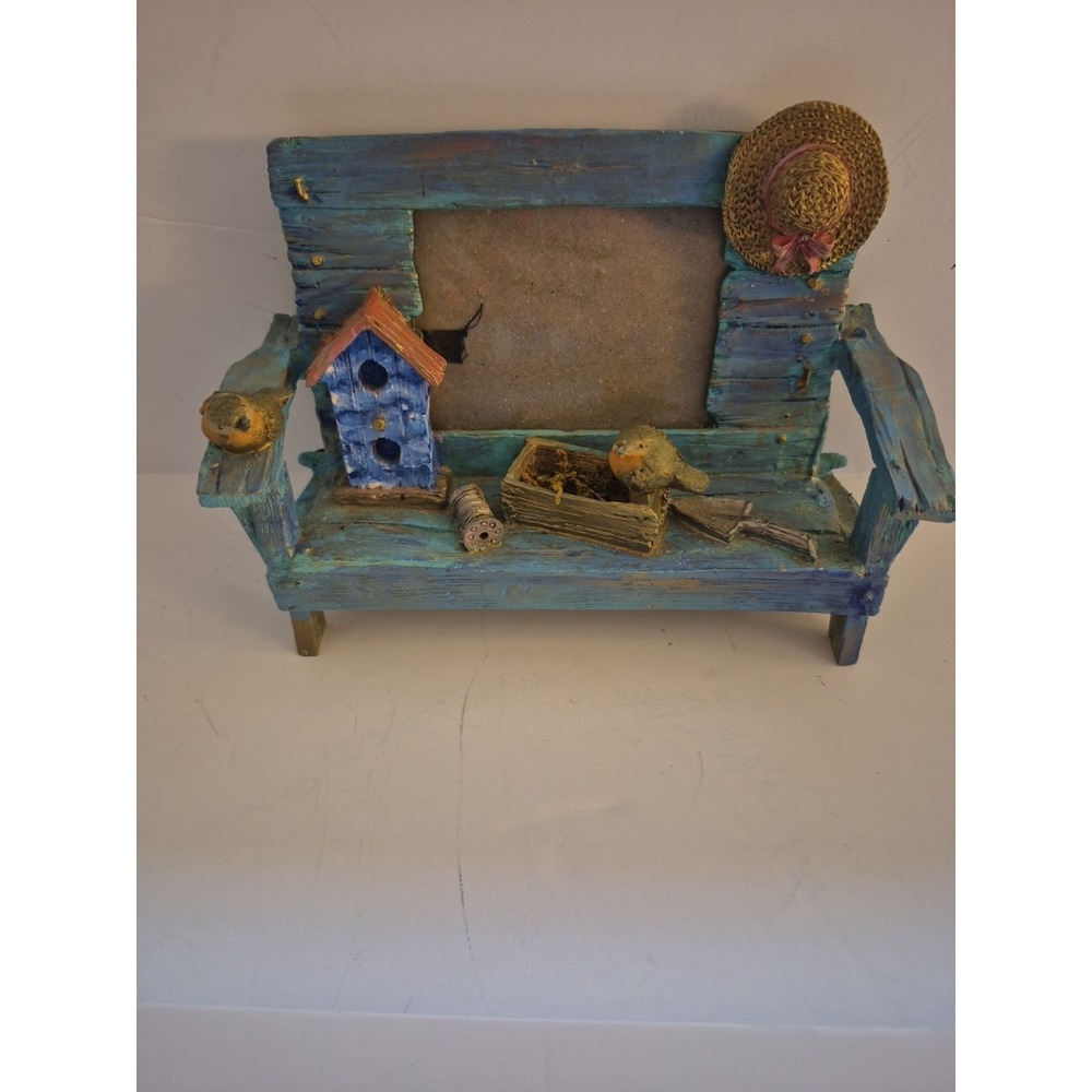 Blue hand painted bench birdhouse small picture frame straw hat